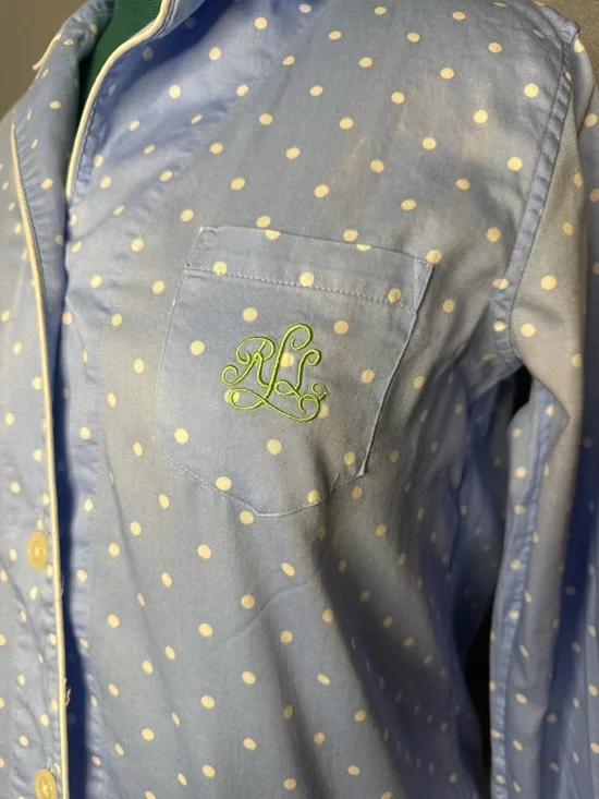Lauren Ralph Lauren Polka Dot Pajama Top Women’s M Blue Cotton Button Down - Picture 4 of 13